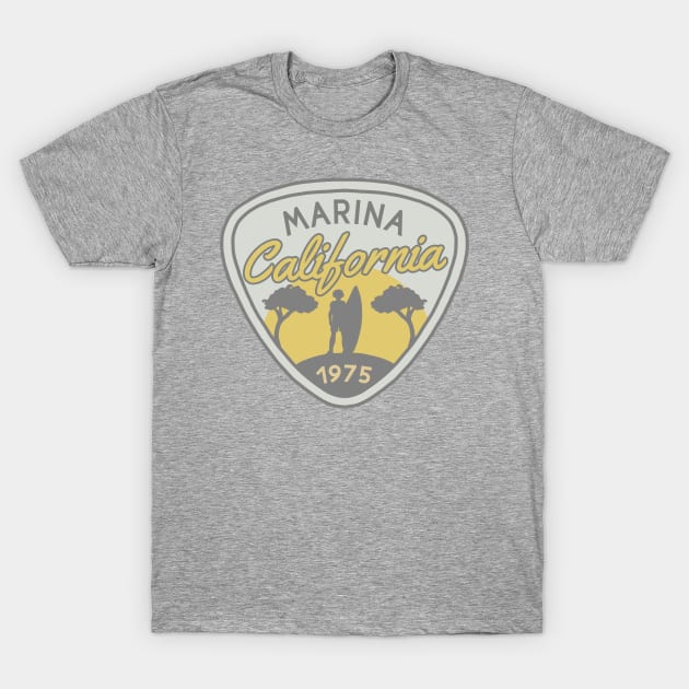 Marina California 1975 Surfer T-Shirt by Slightly Unhinged